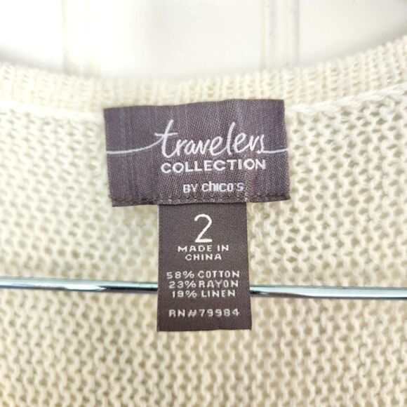 CHICO'S Travelers Collection Cream Metallic Cotton/Linen Blend Open Knit Top 2/L - Picture 5 of 5
